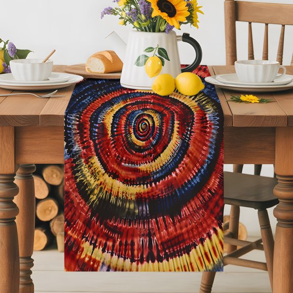 Burlap Table Runner 36 Inches Long, Tie-dye Red Gradient Abstract Style Non-Slip Kitchen Table Runners for Dining Room Everyday Use Party Table Decorations Ethnic Tribal Theme