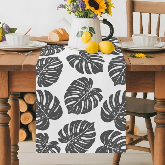 Burlap Table Runner 36 Inches Long, Tropical Monstera Leaves Silhouette Non-Slip Kitchen Table Runners for Dining Room Everyday Use Party Table Decorations Gray Botanical Foliage