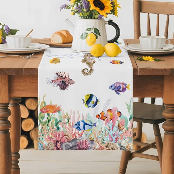 Burlap Table Runner 36 Inches Long, Tropical Ocean Colored Fish Non-Slip Kitchen Table Runners for Dining Room Everyday Use Party Table Decorations Coral Shell Seaweed