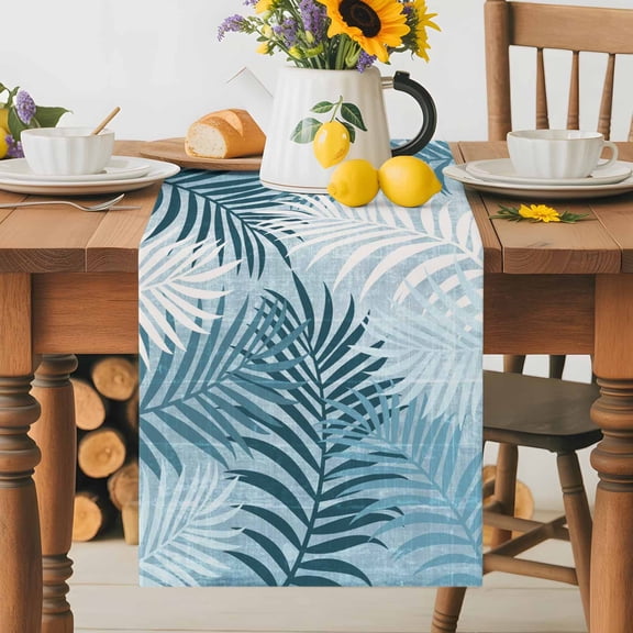 Burlap Table Runner 36 Inches Long, Tropical Palm Leaves Non-Slip Kitchen Table Runners for Dining Room Everyday Use Party Table Decorations Blue Coastal Botanical