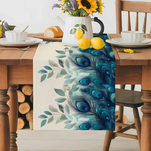 Burlap Table Runner 36 Inches Long,Tropical Peacock Feathers Non-Slip Kitchen Table Runners for Dining Room Everyday Use Party Table Decorations Classic Gradient Teal Pattern