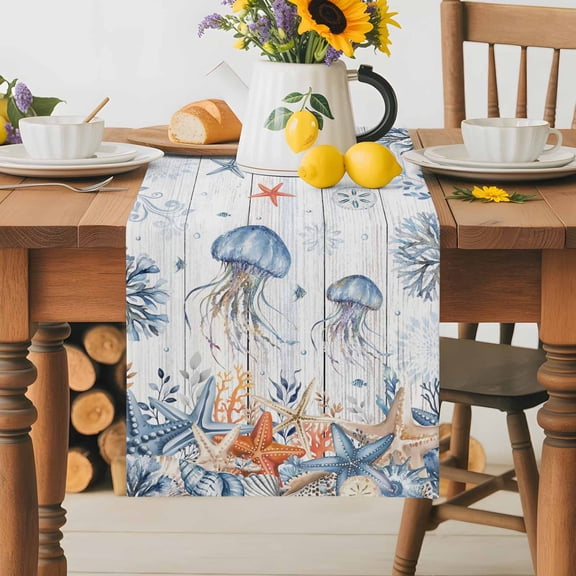 Burlap Table Runner 36 Inches Long,Underwater Ocean Creature Non-Slip Kitchen Table Runners for Dining Room Everyday Use Party Table Decorations Sea Jellyfish Starfish Wood Plank