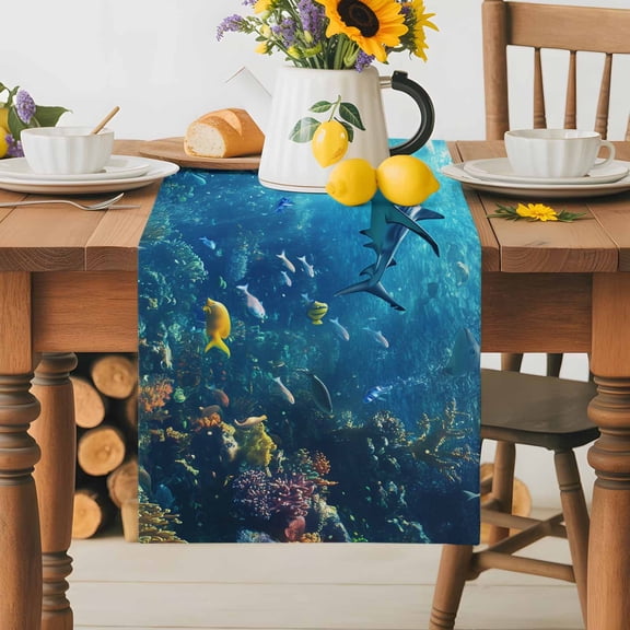 Burlap Table Runner 36 Inches Long, Underwater World Ocean Shark Fish Non-Slip Kitchen Table Runners for Dining Room Everyday Use Party Table Decorations Coral Seaweed Marine Life
