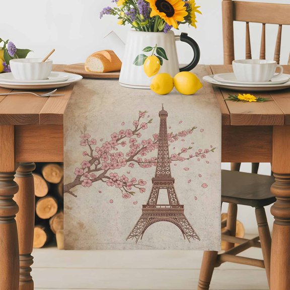 Burlap Table Runner 36 Inches Long, Valentine's Day Eiffel Tower Non-Slip Kitchen Table Runners for Dining Room Everyday Use Party Table Decorations Retro Cherry Flowers