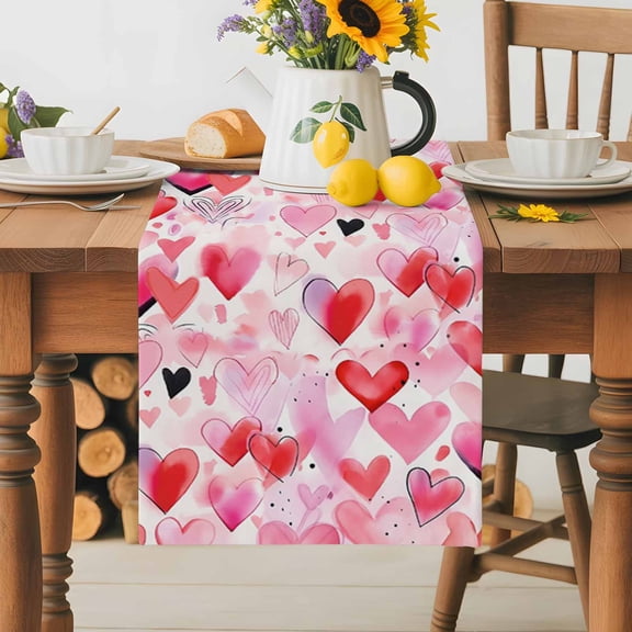 Burlap Table Runner 36 Inches Long, Valentine's Day Love Heart Watercolor Art Non-Slip Kitchen Table Runners for Dining Room Everyday Use Party Table Decorations Colorful Sweethearts
