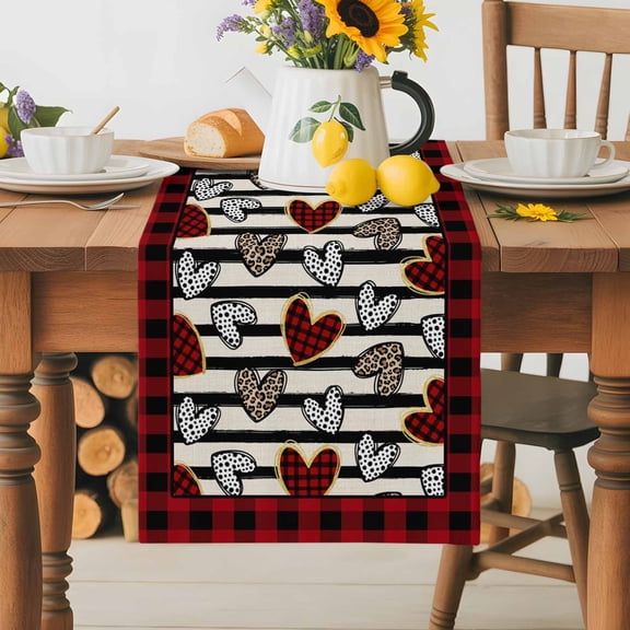 Burlap Table Runner 36 Inches Long, Valentines Red Buffalo Plaid Non-Slip Kitchen Table Runners for Dining Room Everyday Use Party Table Decorations Leopard Print Check Love Heart