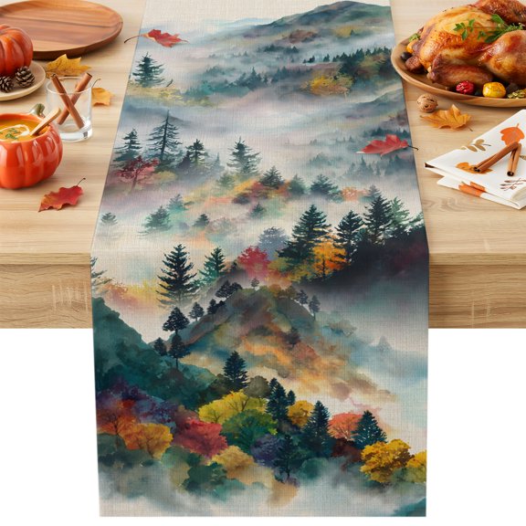 Burlap Table Runner 36 Inches Long, Vintage Autumn Forest Tree on Linen Non-Slip Kitchen Table Runners for Dining Room Everyday Use Party Table Decorations Rustic Mountain Scenic
