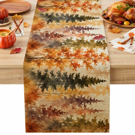 Burlap Table Runner 36 Inches Long, Vintage Autumn Pine Trees Landscape Non-Slip Kitchen Table Runners for Dining Room Everyday Use Party Table Decorations Fall Forest Retro Brown