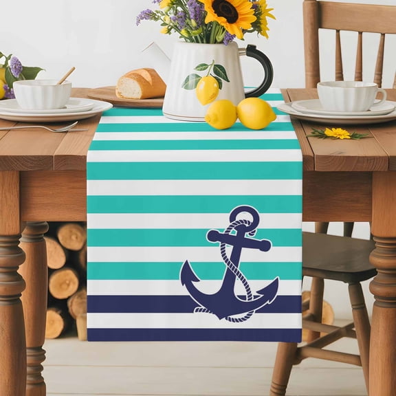 Burlap Table Runner 36 Inches Long, Vintage Blue Ocean Anchor Non-Slip Kitchen Table Runners for Dining Room Everyday Use Party Table Decorations Classic Green Striped