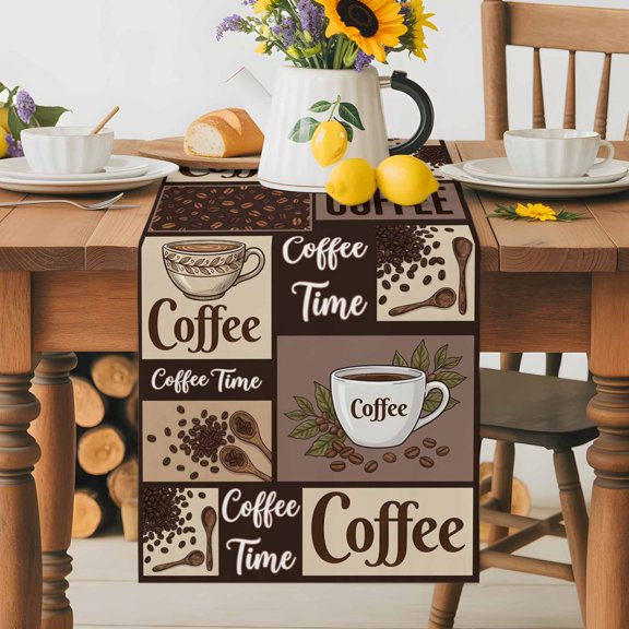 Burlap Table Runner 36 Inches Long, Vintage Coffee Beans Cup Non-Slip Kitchen Table Runners for Dining Room Everyday Use Party Table Decorations Wooden Spoon Plaid