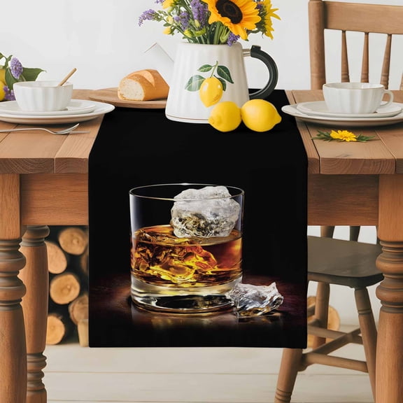 Burlap Table Runner 36 Inches Long,Vintage Farm A Glasses of Whiskey with Ice Non-Slip Kitchen Table Runners for Dining Room Everyday Use Party Table Decorations Chic Wooden