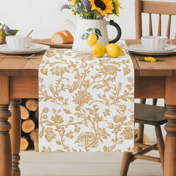 Burlap Table Runner 36 Inches Long,Vintage Farmhouse Flowers Pattern Non-Slip Kitchen Table Runners for Dining Room Everyday Use Party Table Decorations Yellow Floral Art