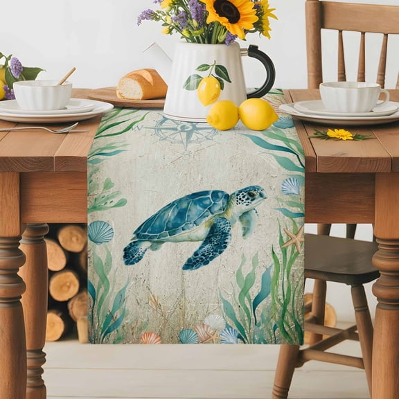 Burlap Table Runner 36 Inches Long,Vintage Nautical Sea Turtle Non-Slip Kitchen Table Runners for Dining Room Everyday Use Party Table Decorations Coastal Marine Life