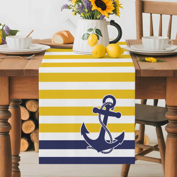 Burlap Table Runner 36 Inches Long, Vintage Navigation Anchor Non-Slip Kitchen Table Runners for Dining Room Everyday Use Party Table Decorations Country Yellow Blue Striped