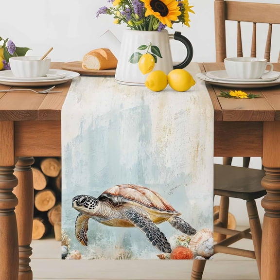Burlap Table Runner 36 Inches Long, Vintage Ocean Sea Turtle Coral Reef on Blue Non-Slip Kitchen Table Runners for Dining Room Everyday Use Party Table Decorations Underwater World