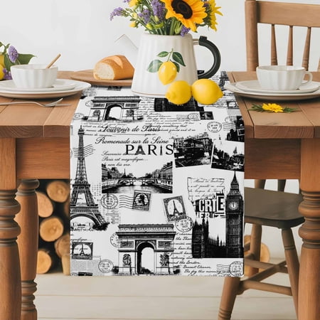Burlap Table Runner 36 Inches Long, Vintage Paris Gray Architectural Non-Slip Kitchen Table Runners for Dining Room Everyday Use Party Table Decorations Modern Abstract Art