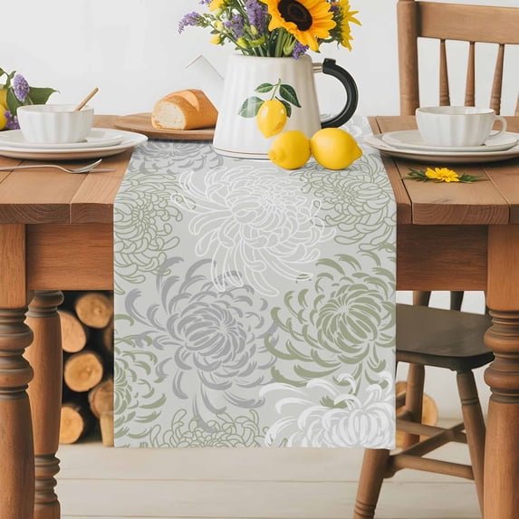 Burlap Table Runner 36 Inches Long,Vintage Sage Green Chrysanthemum Non-Slip Kitchen Table Runners for Dining Room Everyday Use Party Table Decorations Abstract Flower