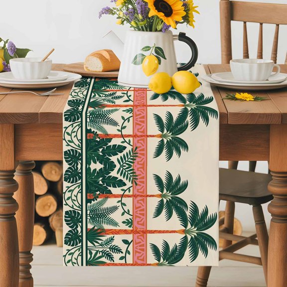 Burlap Table Runner 36 Inches Long, Vintage Sage Green Tall Palm Trees Non-Slip Kitchen Table Runners for Dining Room Everyday Use Party Table Decorations Summer Tropical Plants