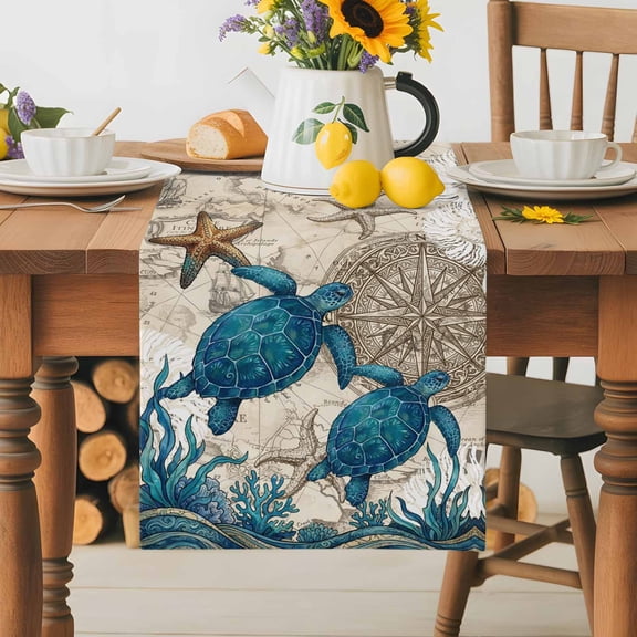 Burlap Table Runner 36 Inches Long, Vintage Sea Turtle Seaweed Starfish Non-Slip Kitchen Table Runners for Dining Room Everyday Use Party Table Decorations Compass Shell World Map