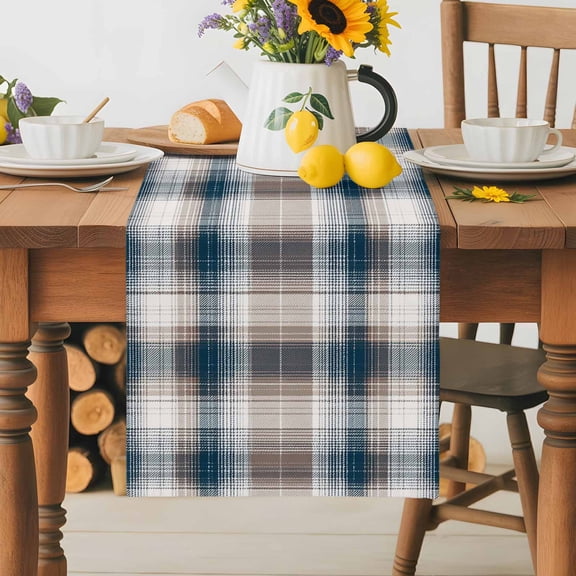 Burlap Table Runner 36 Inches Long,Vintage Striped Texture Non-Slip Kitchen Table Runners for Dining Room Everyday Use Party Table Decorations Blue Brown Color Block
