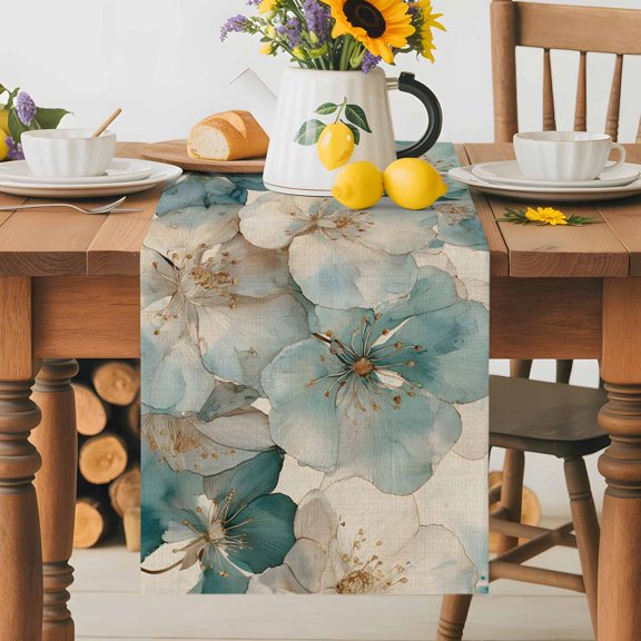 Burlap Table Runner 36 Inches Long, Vintage Teal Magnolia Floral Non-Slip Kitchen Table Runners for Dining Room Everyday Use Party Table Decorations Watercolor Flower Petals