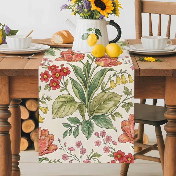 Burlap Table Runner 36 Inches Long, Vintage Tulips Red Daisies Non-Slip Kitchen Table Runners for Dining Room Everyday Use Party Table Decorations Yellow Blooms Floral Pattern