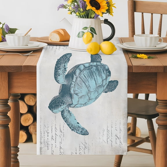Burlap Table Runner 36 Inches Long, Vintage Watercolor Sea Turtle Non-Slip Kitchen Table Runners for Dining Room Everyday Use Party Table Decorations Ocean Theme Retro Letter Back