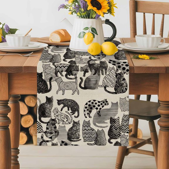 Burlap Table Runner 36 Inches Long,Vintage Wave Points Stripes Cats on Linen Non-Slip Kitchen Table Runners for Dining Room Everyday Use Party Table Decorations Geometric Texture
