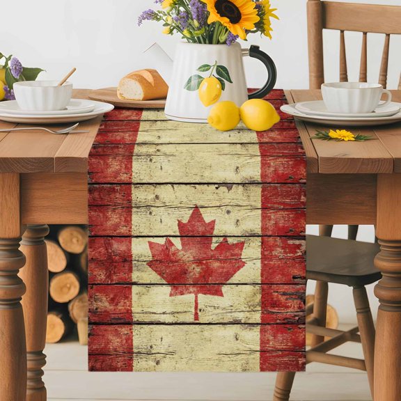 Burlap Table Runner 36 Inches Long, Vintage Wooden Stripes Maple Leaf Non-Slip Kitchen Table Runners for Dining Room Everyday Use Party Table Decorations Country Red Brown Plank