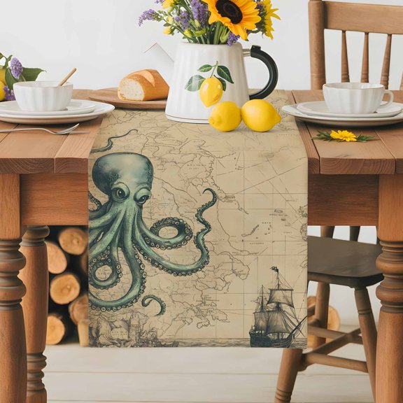 Burlap Table Runner 36 Inches Long, Vintage World Map Ocean Octopus Non-Slip Kitchen Table Runners for Dining Room Everyday Use Party Table Decorations Nautical Sailing Boat Brown