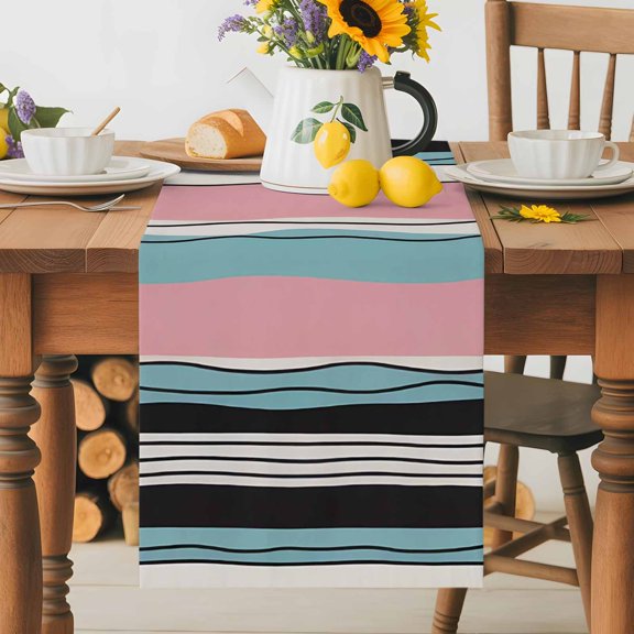Burlap Table Runner 36 Inches Long, Watercolor Bending Stripes Non-Slip Kitchen Table Runners for Dining Room Everyday Use Party Table Decorations Pink Blue Lines