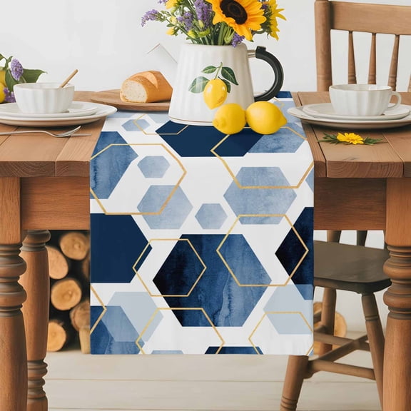 Burlap Table Runner 36 Inches Long,Watercolor Blue Hexagon Non-Slip Kitchen Table Runners for Dining Room Everyday Use Party Table Decorations Abstract Geometric Art