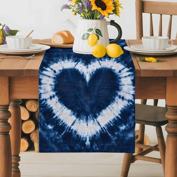 Burlap Table Runner 36 Inches Long, Watercolor Blue White Heart Tie Dye Non-Slip Kitchen Table Runners for Dining Room Everyday Use Party Table Decorations Traditional Ethnic Style
