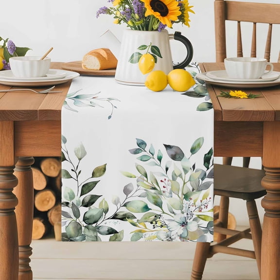 Burlap Table Runner 36 Inches Long, Watercolor Botanical Leaves on White Non-Slip Kitchen Table Runners for Dining Room Everyday Use Party Table Decorations Spring Eucalyptus Foliage