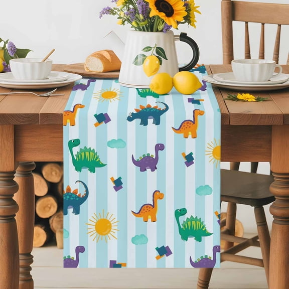Burlap Table Runner 36 Inches Long, Watercolor Cartoon Dinosaur Non-Slip Kitchen Table Runners for Dining Room Everyday Use Party Table Decorations Sun Cloud Light Blue Stripes