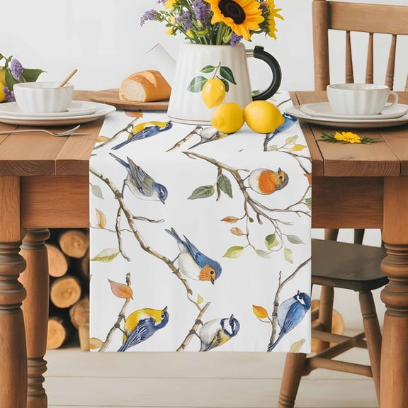 Burlap Table Runner 36 Inches Long,Watercolor Cute Bird on White Non-Slip Kitchen Table Runners for Dining Room Everyday Use Party Table Decorations Spring Branch Leaves