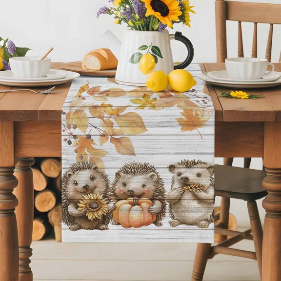 Burlap Table Runner 36 Inches Long, Watercolor Cute Hedgehog on Wood Grain Non-Slip Kitchen Table Runners for Dining Room Everyday Use Party Table Decorations Autumn Botanical Leaf
