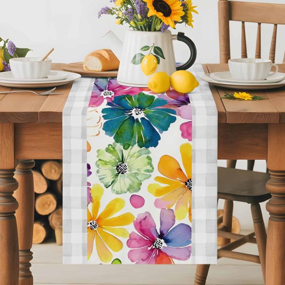 Burlap Table Runner 36 Inches Long, Watercolor Farm Flowers Non-Slip Kitchen Table Runners for Dining Room Everyday Use Party Table Decorations Floral Art on Gray Plaid