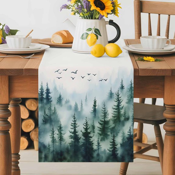 Burlap Table Runner 36 Inches Long, Watercolor Forest Green Tree Non-Slip Kitchen Table Runners for Dining Room Everyday Use Party Table Decorations Modern Gradient Plant