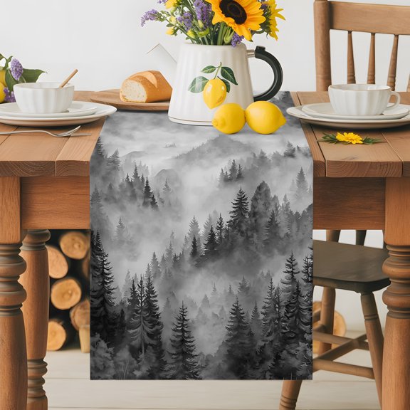 Burlap Table Runner 36 Inches Long, Watercolor Forest Tree Mountain Non-Slip Kitchen Table Runners for Dining Room Everyday Use Party Table Decorations Black Gray Natural Scenic