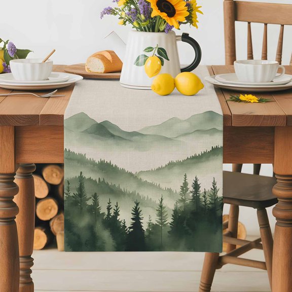 Burlap Table Runner 36 Inches Long, Watercolor Green Mountains Tree on Linen Non-Slip Kitchen Table Runners for Dining Room Everyday Use Party Table Decorations Retro Forset