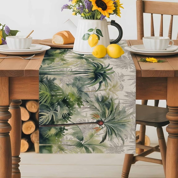 Burlap Table Runner 36 Inches Long,Watercolor Green Palm Trees Forest Non-Slip Kitchen Table Runners for Dining Room Everyday Use Party Table Decorations Summer Tropical Plants
