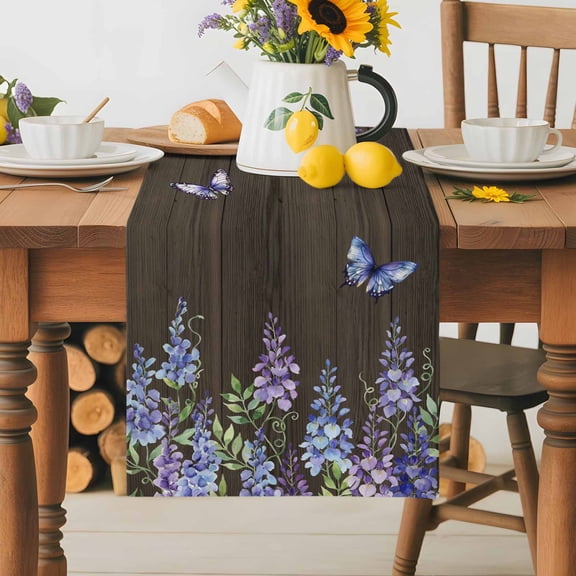 Burlap Table Runner 36 Inches Long,Watercolor Hydrangea Flower Bike Non-Slip Kitchen Table Runners for Dining Room Everyday Use Party Table Decorations Purple Floral Farm Brown Wood