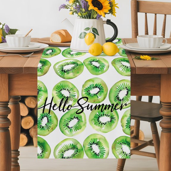 Burlap Table Runner 36 Inches Long, Watercolor Kiwi Berry on White Non-Slip Kitchen Table Runners for Dining Room Everyday Use Party Table Decorations Hello Summer Fruit Seamless Art