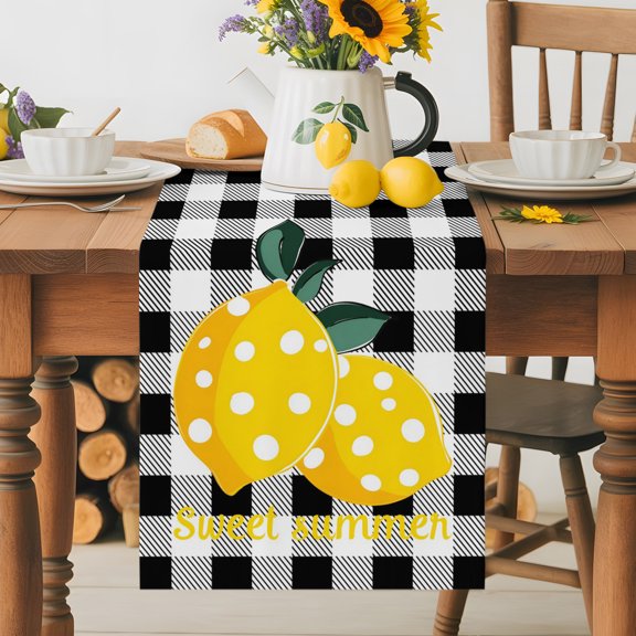 Burlap Table Runner 36 Inches Long, Watercolor Lemon Sweet Summer Words Non-Slip Kitchen Table Runners for Dining Room Everyday Use Party Table Decorations Black White Plaid