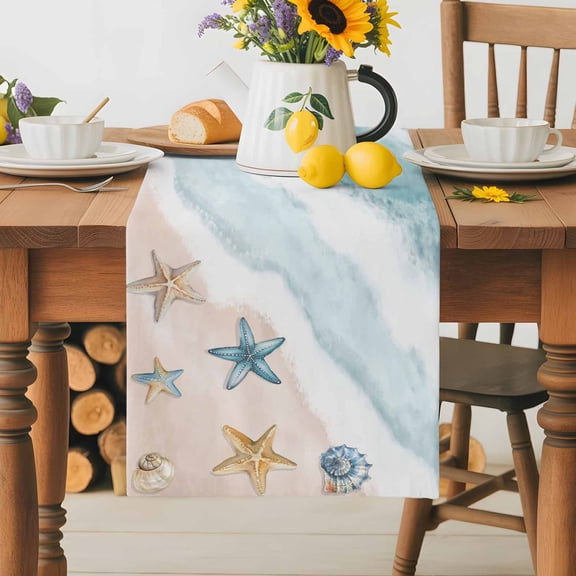 Burlap Table Runner 36 Inches Long, Watercolor Ocean Beach Ombre Non-Slip Kitchen Table Runners for Dining Room Everyday Use Party Table Decorations Sea Wave Starfish Shell