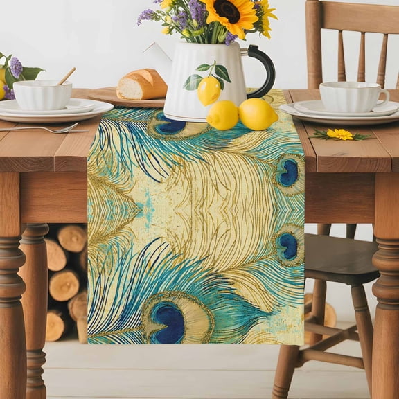 Burlap Table Runner 36 Inches Long,Watercolor Peacock Feathers on Vintage Non-Slip Kitchen Table Runners for Dining Room Everyday Use Party Table Decorations Abstract Feather