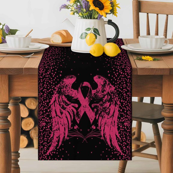 Burlap Table Runner 36 Inches Long, Watercolor Pink Ribbons Wings on Black Non-Slip Kitchen Table Runners for Dining Room Everyday Use Party Table Decorations Love Heart Flowers