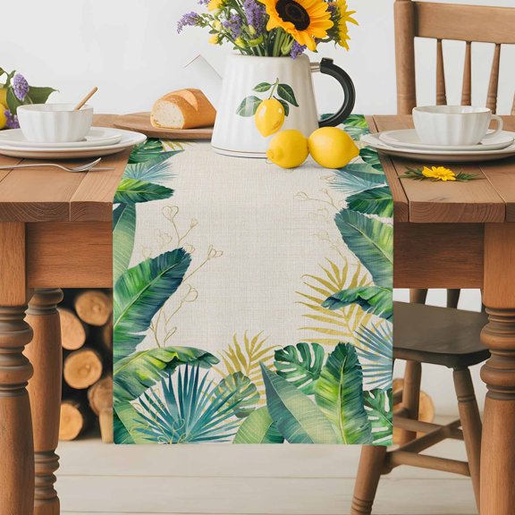 Burlap Table Runner 36 Inches Long, Watercolor Plants Leaves on Linen Non-Slip Kitchen Table Runners for Dining Room Everyday Use Party Table Decorations Green Palm Monstera Leaf