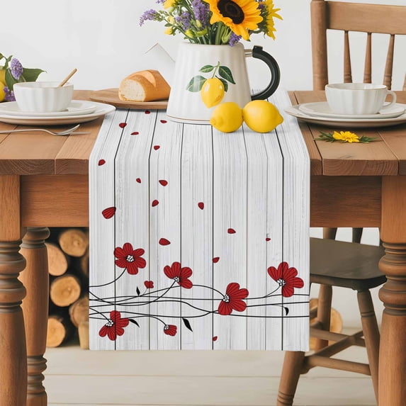 Burlap Table Runner 36 Inches Long,Watercolor Red Flower Farm Wood ...
